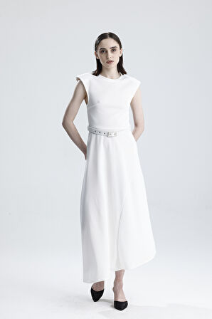 Vatkalı Kemer detaylı Kolsuz Uzun Elbise | ELB36216 Beyaz