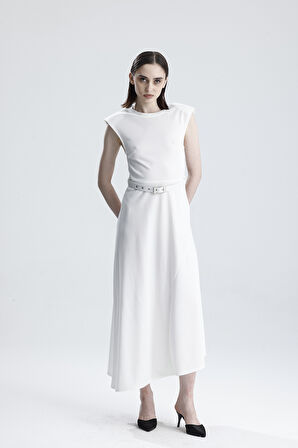 Vatkalı Kemer detaylı Kolsuz Uzun Elbise | ELB36216 Beyaz