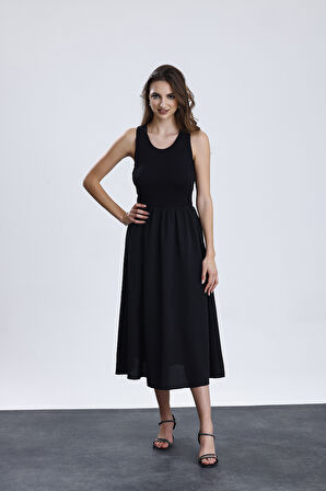 Üstü Likralı Viskon Altı Poliviskon Beli Lastikli Kolsuz Uzun Elbise | ELB36256 Siyah