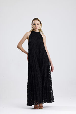Astarlı Dantel Abiye Uzun  Elbise | ELB35940 Siyah