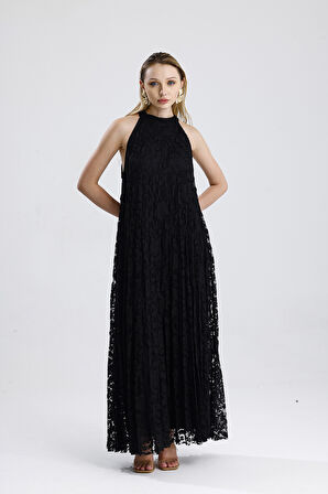 Astarlı Dantel Abiye Uzun  Elbise | ELB35940 Siyah