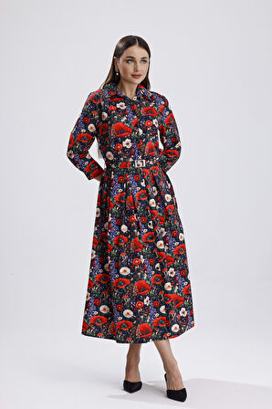 Yandan Cepli Kemerli Önü Düğmeli Uzun Elbise | ELB36264 Çiçek Desenli