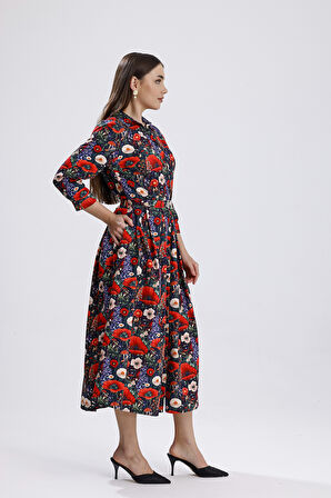 Yandan Cepli Kemerli Önü Düğmeli Uzun Elbise | ELB36264 Çiçek Desenli