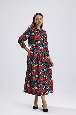 Yandan Cepli Kemerli Önü Düğmeli Uzun Elbise | ELB36264 Çiçek Desenli