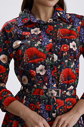 Yandan Cepli Kemerli Önü Düğmeli Uzun Elbise | ELB36264 Çiçek Desenli