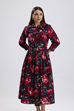 Yandan Cepli Kemerli Önü Düğmeli Uzun Elbise | ELB36264 Kırmızı Güllü