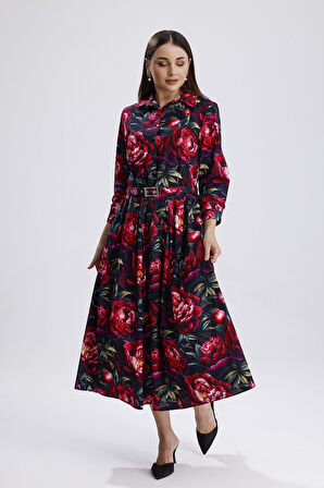 Yandan Cepli Kemerli Önü Düğmeli Uzun Elbise | ELB36264 Kırmızı Güllü