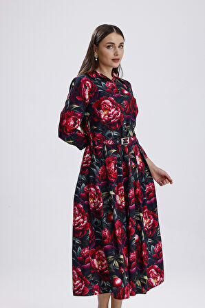 Yandan Cepli Kemerli Önü Düğmeli Uzun Elbise | ELB36264 Kırmızı Güllü