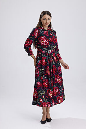 Yandan Cepli Kemerli Önü Düğmeli Uzun Elbise | ELB36264 Kırmızı Güllü