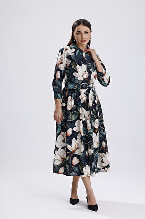 Yeşil Zemin Beyaz Çiçekli Önü Düğmeli Uzun Elbise | ELB36266 Beyaz Çiçekli