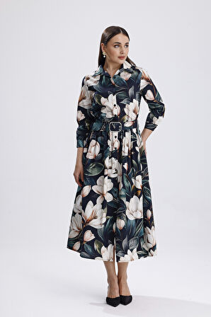 Yeşil Zemin Beyaz Çiçekli Önü Düğmeli Uzun Elbise | ELB36266 Beyaz Çiçekli