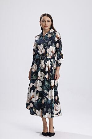 Yeşil Zemin Beyaz Çiçekli Önü Düğmeli Uzun Elbise | ELB36266 Beyaz Çiçekli