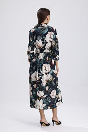 Yeşil Zemin Beyaz Çiçekli Önü Düğmeli Uzun Elbise | ELB36266 Beyaz Çiçekli