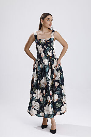 Bel Kemerli Önü Düğmeli Çiçekli  Uzun Elbise | ELB36268 Beyaz Çiçekli