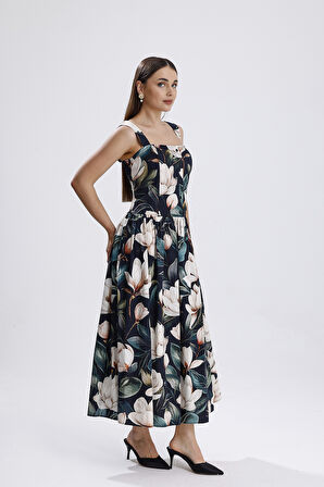 Bel Kemerli Önü Düğmeli Çiçekli  Uzun Elbise | ELB36268 Beyaz Çiçekli