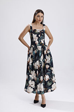 Bel Kemerli Önü Düğmeli Çiçekli  Uzun Elbise | ELB36268 Beyaz Çiçekli