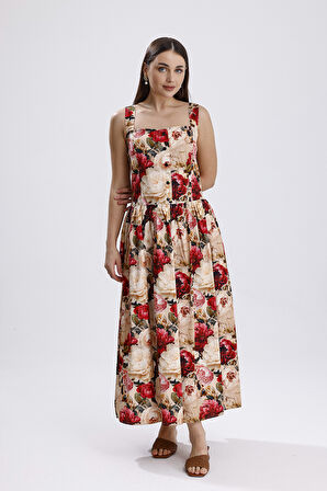 Bel Kemerli Önü Düğmeli Çiçekli  Uzun Elbise | ELB36268 Büyük Güllü