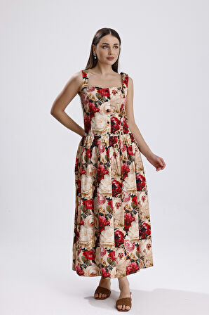 Bel Kemerli Önü Düğmeli Çiçekli  Uzun Elbise | ELB36268 Büyük Güllü