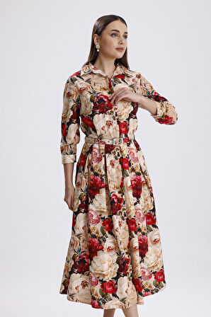 Önü Düğmeli Büyük Güllü  Uzun Elbise | ELB36267 Büyük Güllü