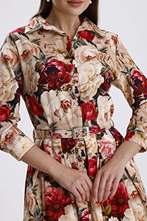 Önü Düğmeli Büyük Güllü  Uzun Elbise | ELB36267 Büyük Güllü