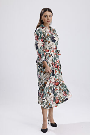 Önü Düğmeli Karışık Çiçek Baskılı  Uzun Elbise | ELB36265 Karışık Çiçekli