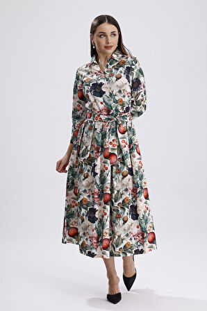 Önü Düğmeli Karışık Çiçek Baskılı  Uzun Elbise | ELB36265 Karışık Çiçekli