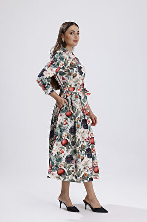 Önü Düğmeli Karışık Çiçek Baskılı  Uzun Elbise | ELB36265 Karışık Çiçekli