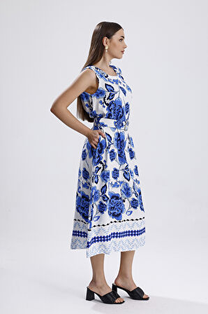 Beli Kemerli Yaka Arkası Top Düğmeli Kolsuz Dokuma Viskon Ellbise | ELB36223 Mavi Desenli