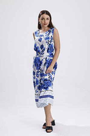 Beli Kemerli Yaka Arkası Top Düğmeli Kolsuz Dokuma Viskon Ellbise | ELB36223 Mavi Desenli