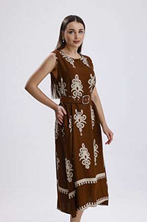 Beli Kemerli Yaka Arkası Top Düğmeli Kolsuz Dokuma Viskon Ellbise | ELB36223 Kahve Desenli