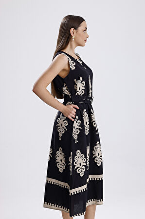 Beli Kemerli Yaka Arkası Top Düğmeli Kolsuz Dokuma Viskon Ellbise | ELB36223 Siyah Desenli