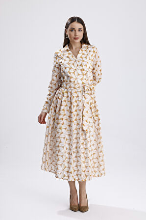 Beli Kemerli Düğmeli Fisto Elbise | ELB36210 Ekru Safran