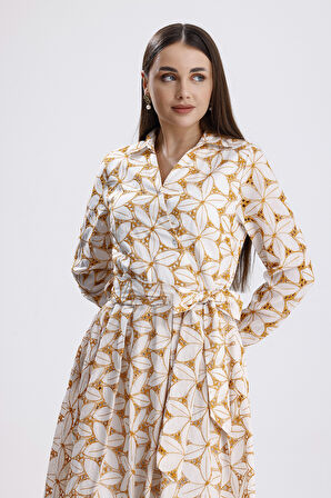 Beli Kemerli Düğmeli Fisto Elbise | ELB36210 Ekru Safran