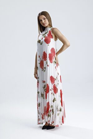 Astarlı Piliseli Uzun Abiye Şifon Elbise | ELB3512 Ekru Çiçekli