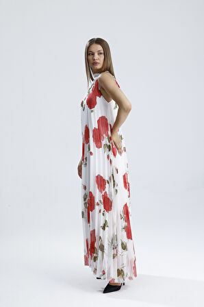 Astarlı Piliseli Uzun Abiye Şifon Elbise | ELB3512 Ekru Çiçekli