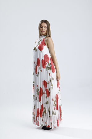 Astarlı Piliseli Uzun Abiye Şifon Elbise | ELB3512 Ekru Çiçekli