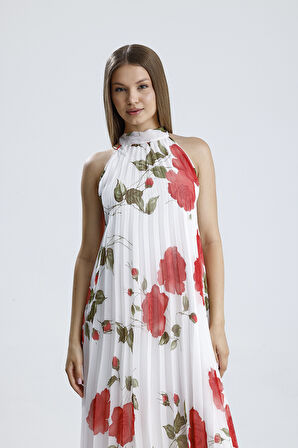 Astarlı Piliseli Uzun Abiye Şifon Elbise | ELB3512 Ekru Çiçekli