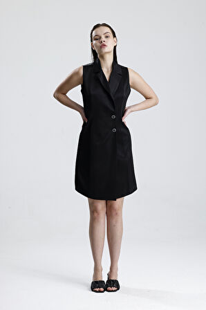 İçi Astarlı Kolsuz Saten  Ceket Elbise | ELB35733 Siyah