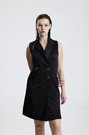 İçi Astarlı Kolsuz Saten  Ceket Elbise | ELB35733 Siyah