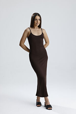 Yırtmaçlı Askılı Likralı Viskon Elbise | ELB35782 Kahve