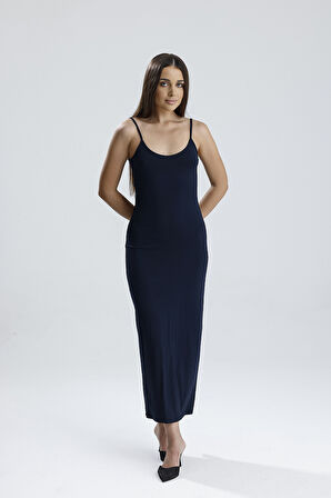 Yırtmaçlı Askılı Likralı Viskon Elbise | ELB35782 Lacivert