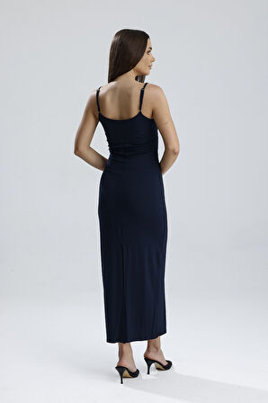 Yırtmaçlı Askılı Likralı Viskon Elbise | ELB35782 Lacivert