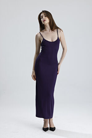 Yırtmaçlı Askılı Likralı Viskon Elbise | ELB35782 Mor