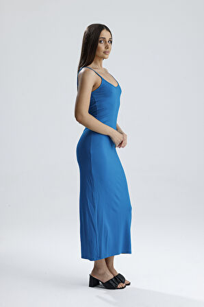 Yırtmaçlı Askılı Likralı Viskon Elbise | ELB35782 Petrol