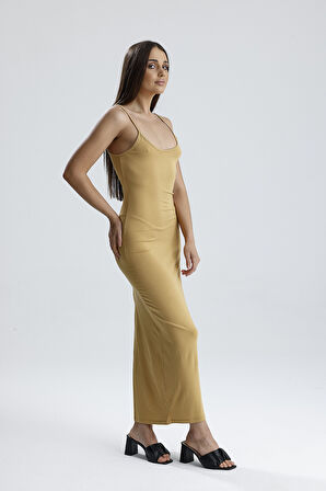 Yırtmaçlı Askılı Likralı Viskon Elbise | ELB35782 Safran