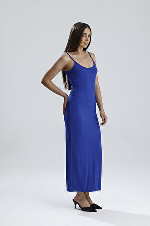 Yırtmaçlı Askılı Likralı Viskon Elbise | ELB35782 Saks