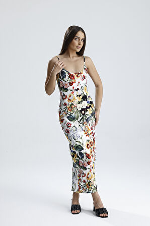 Yırtmaçlı Askılı Likralı Viskon Elbise | ELB35782 Ayçiçek Desen