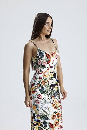 Yırtmaçlı Askılı Likralı Viskon Elbise | ELB35782 Ayçiçek Desen