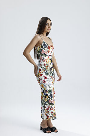 Yırtmaçlı Askılı Likralı Viskon Elbise | ELB35782 Ayçiçek Desen