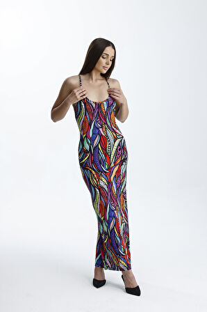 Yırtmaçlı Askılı Likralı Viskon Elbise | ELB35782 Şal Desenli